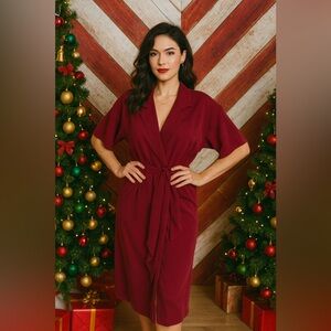 VTG Susan Bennet Silk Midi Wrap Dress Burgundy Romantic Cottagecore Puff Sleeves